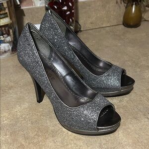 Rampage Sparkling Silver Peep-Toe Heels
